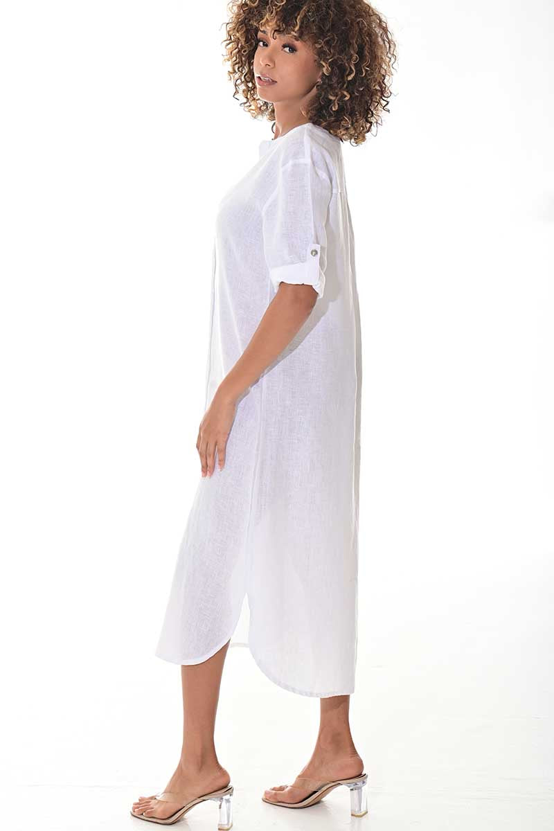 Ladies Linen Button Down Dress Roll-Up Sleeve-WHITE - LLWD3105- 6 PCS/PRE-PACK