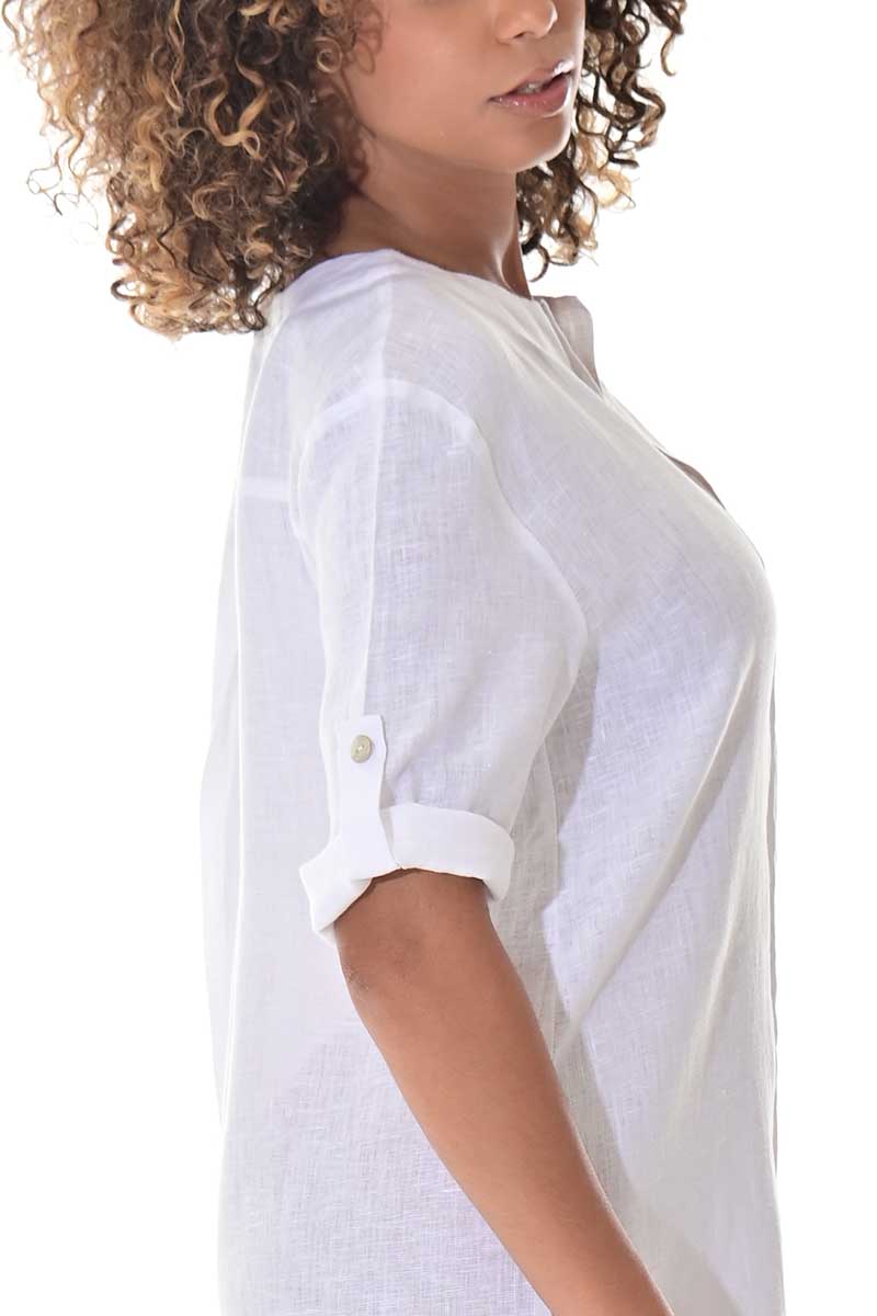 Ladies Linen Button Down Dress Roll-Up Sleeve-WHITE - LLWD3105- 6 PCS/PRE-PACK