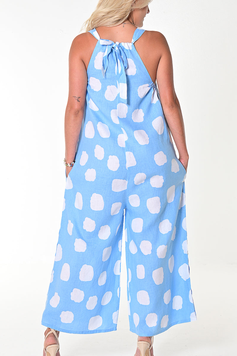 Women's Jumpsuit Linen Wide Leg Loose Fit Romper by AZUCAR - LT. BLUE DOT - LLWJ1387 - 6 PCS/PRE-PACK