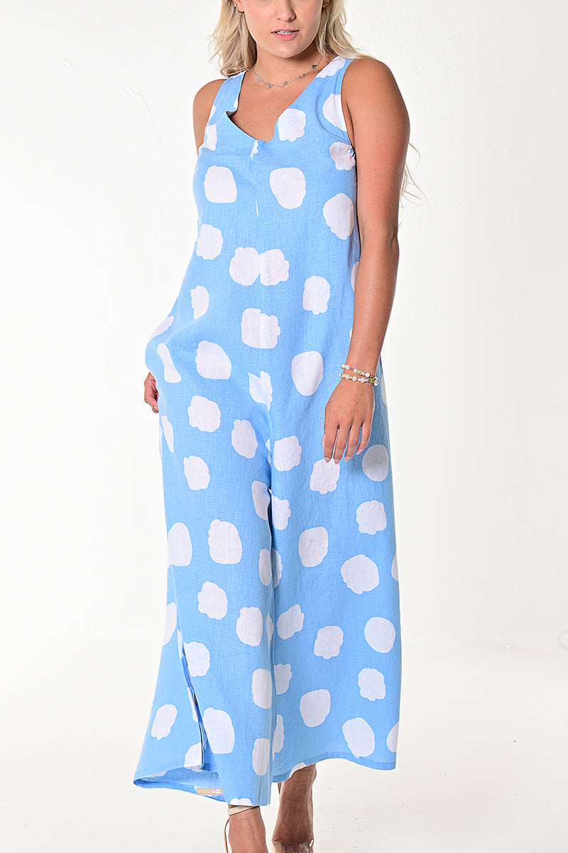 Women's Jumpsuit Linen Wide Leg Loose Fit Romper by AZUCAR - LT. BLUE DOT - LLWJ1387 - 6 PCS/PRE-PACK
