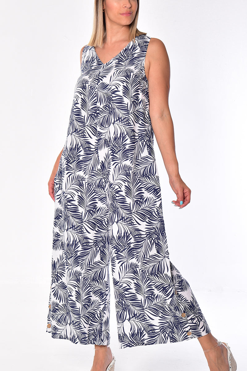 Women's Jumpsuit Linen Wide Leg Loose Fit Romper by AZUCAR - LT. BLUE DOT - LLWJ1387 - 6 PCS/PRE-PACK