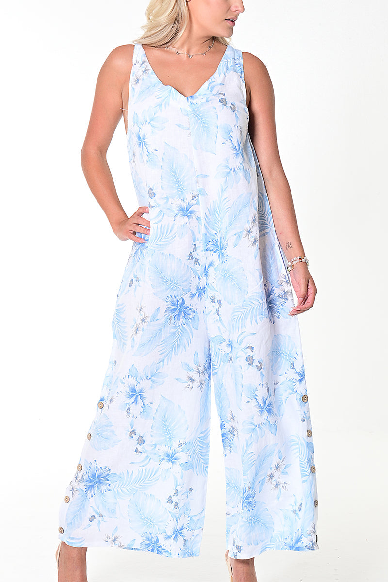 Women's Jumpsuit Linen Wide Leg Loose Fit Romper by AZUCAR - LT. BLUE DOT - LLWJ1387 - 6 PCS/PRE-PACK