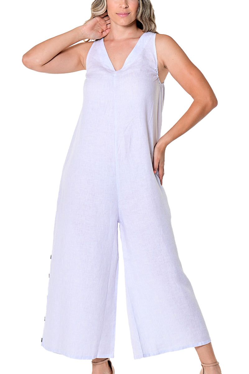 Women's Jumpsuit Linen Wide Leg Loose Fit Romper by AZUCAR - LT. BLUE DOT - LLWJ1387 - 6 PCS/PRE-PACK