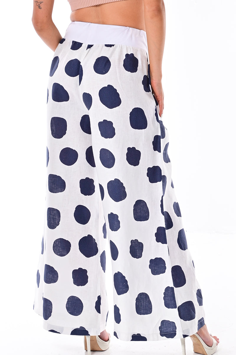 Ladies Linen Wide Leg Pants Polka-Dot Print/Cloud by AZUCAR - LT. BLUE/WHITE - LLWP104 - 6 PCS/PRE-PACK
