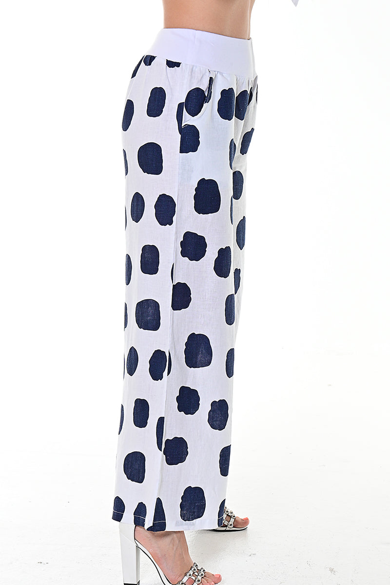 Ladies Linen Wide Leg Pants Polka-Dot Print/Cloud by AZUCAR - LT. BLUE/WHITE - LLWP104 - 6 PCS/PRE-PACK