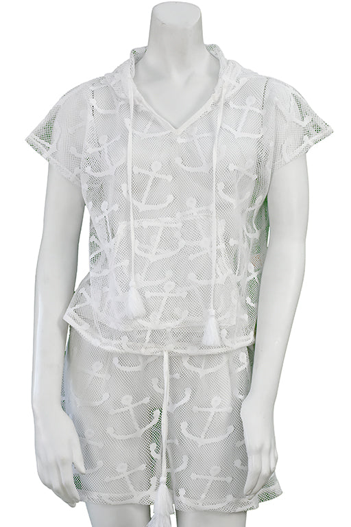 Swimsuit Cover-Up Shorts Set WHITE Mesh Anchors by AZUCAR - LMST3604 - 6 PCS/PRE-PACK