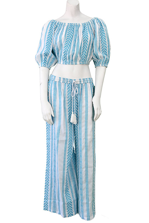 Ladies Pant Set Beach Cover-Up Crop Top 3/4 SLEEVE WHITE/AQUA by Azucar - LMST3617 - 6 PCS/PRE-PACK