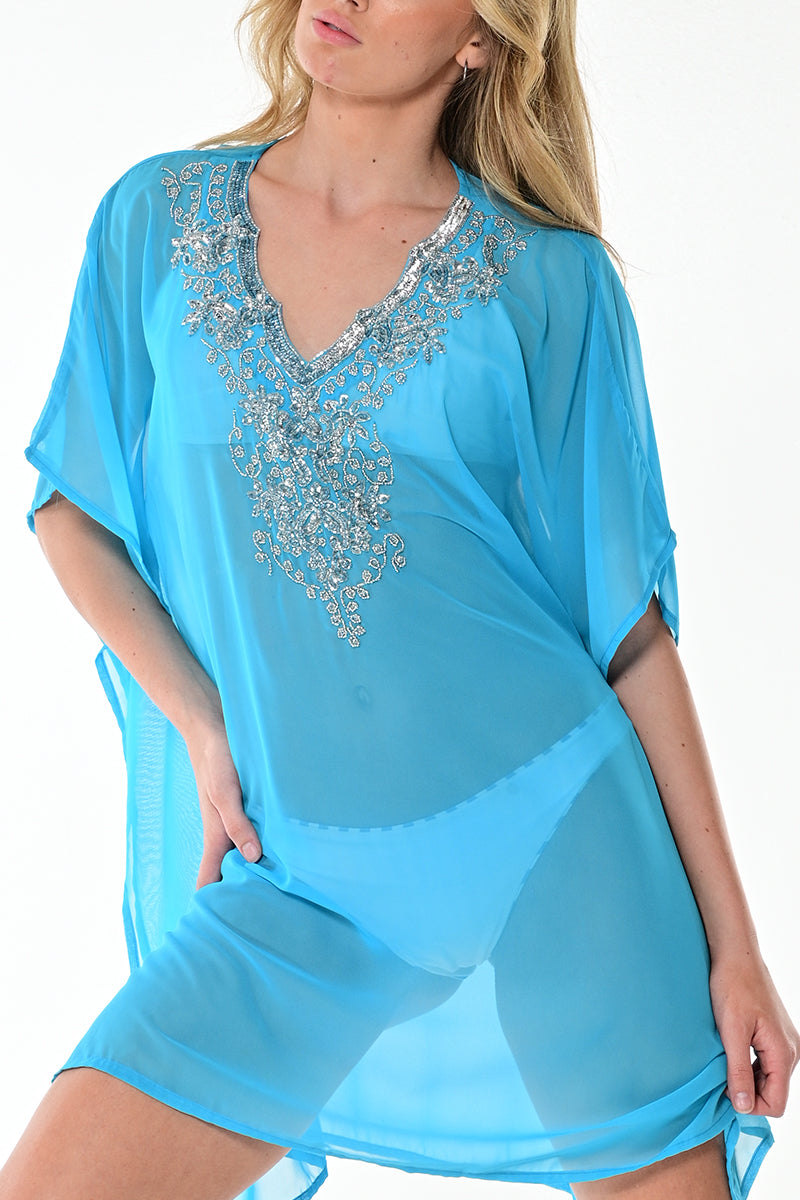 Women's Shear Chiffon Beach Cover-up w/Scalloped V-neck by AZUCAR -LT. BLUE -Color Options - LPT1733 - 6 PCS/PRE-PACK