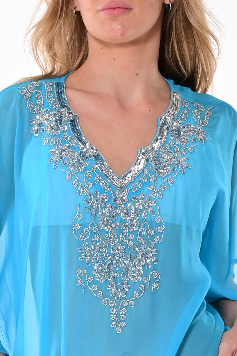 Women's Shear Chiffon Beach Cover-up w/Scalloped V-neck by AZUCAR -LT. BLUE -Color Options - LPT1733 - 6 PCS/PRE-PACK