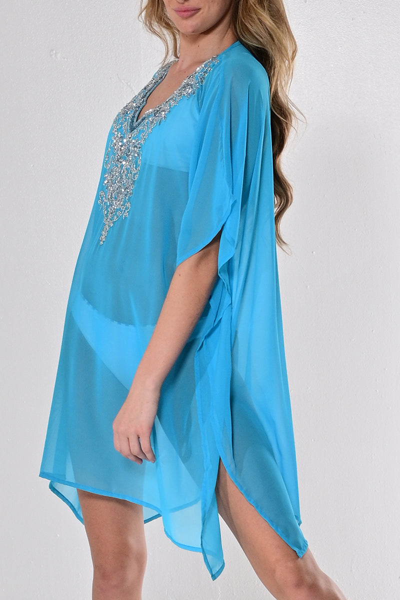 Women's Shear Chiffon Beach Cover-up w/Scalloped V-neck by AZUCAR -LT. BLUE -Color Options - LPT1733 - 6 PCS/PRE-PACK