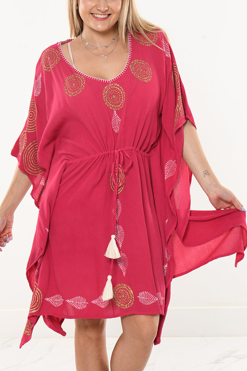 Ladies Kaftan Beach Cover-Up w/Tassel Draw Cord Waist by AZUCAR - LRT206-P