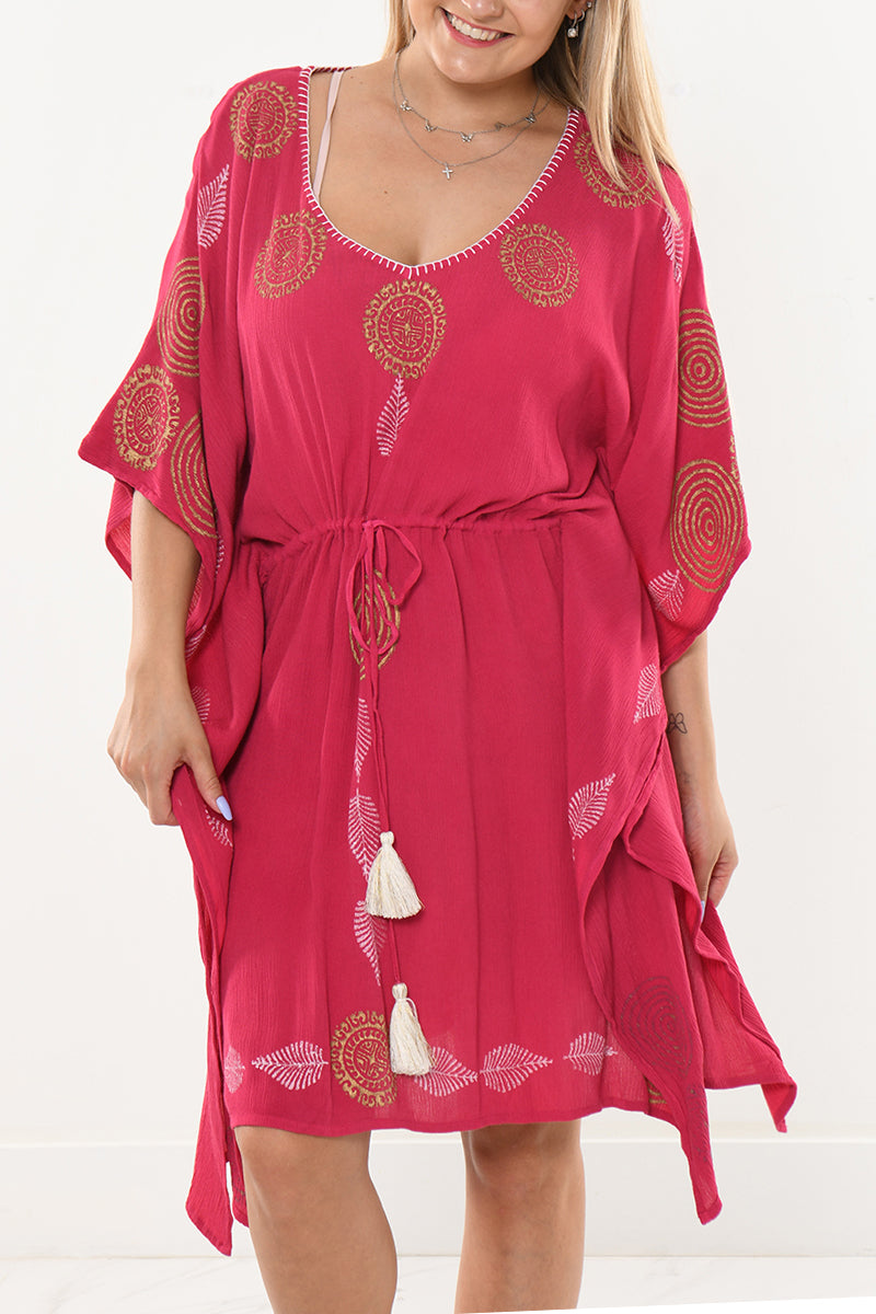 Ladies Kaftan Beach Cover-Up w/Tassel Draw Cord Waist by AZUCAR - LRT206-P
