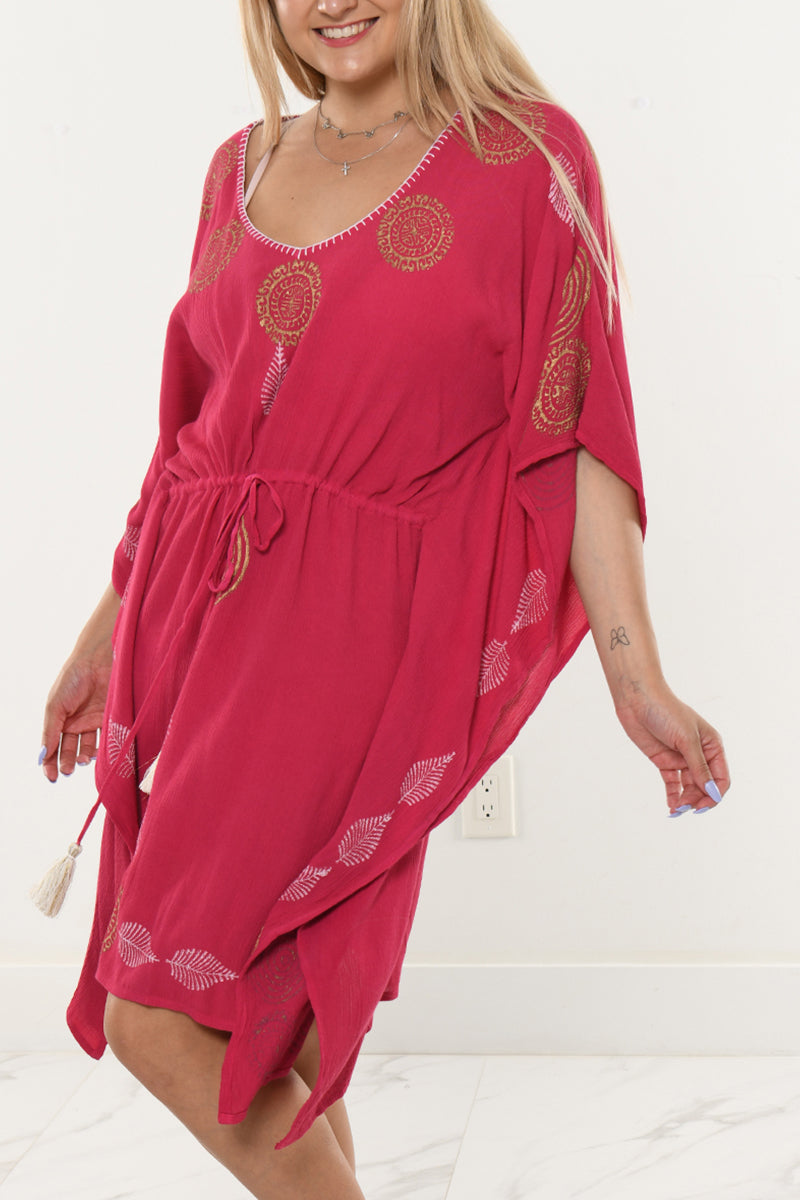 Ladies Kaftan Beach Cover-Up w/Tassel Draw Cord Waist by AZUCAR - LRT206-P