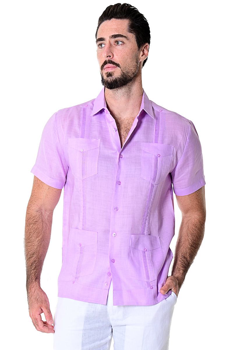 Men Short Sleeve Guayabera Linen 4 Pocket Traditional-NAVY-Color Options-LS499 - 6 PCS/PRE-PACK