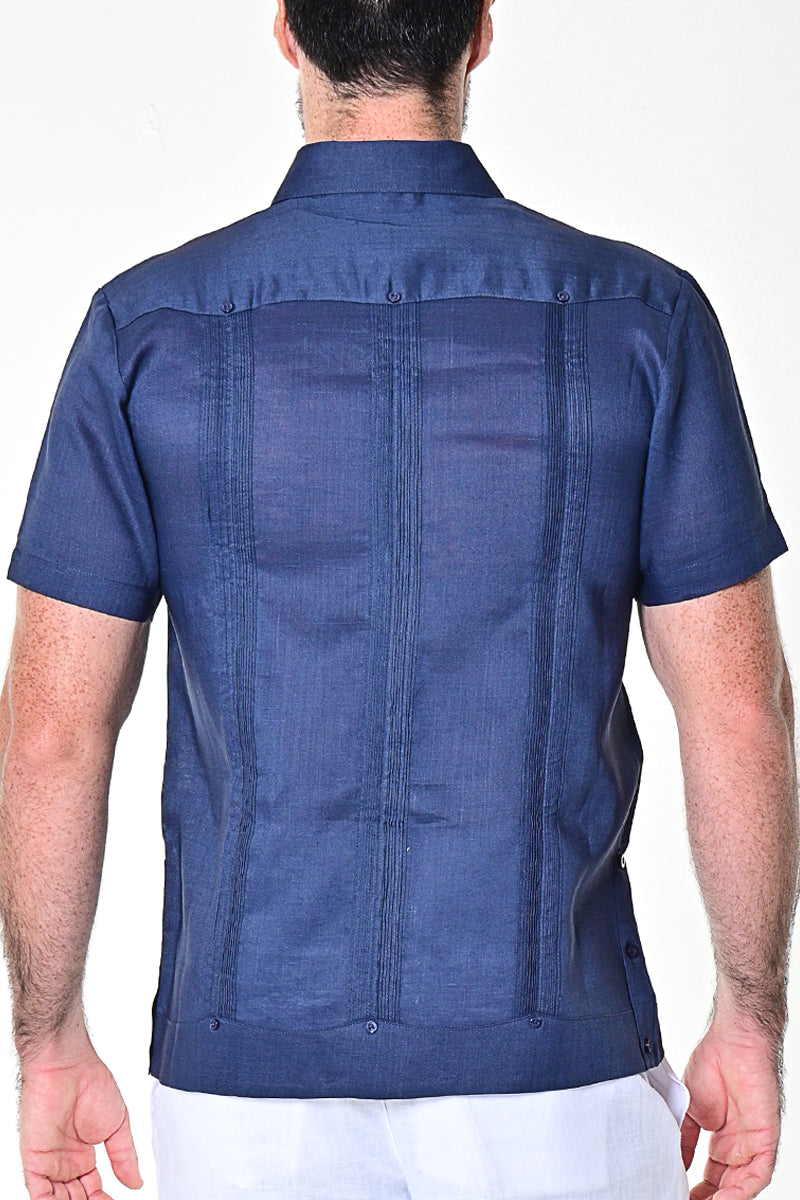 Men Short Sleeve Guayabera Linen 4 Pocket Traditional-NAVY-Color Options-LS499 - 6 PCS/PRE-PACK