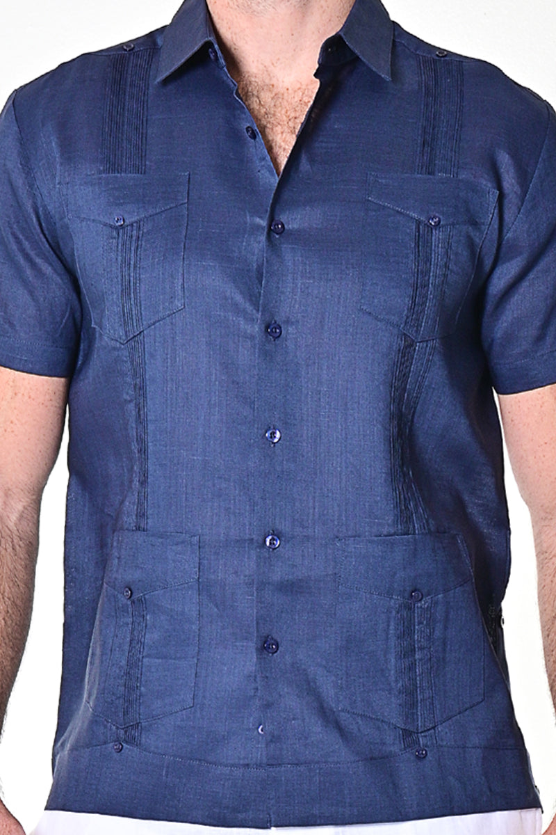 Men Short Sleeve Guayabera Linen 4 Pocket Traditional-NAVY-Color Options-LS499 - 6 PCS/PRE-PACK