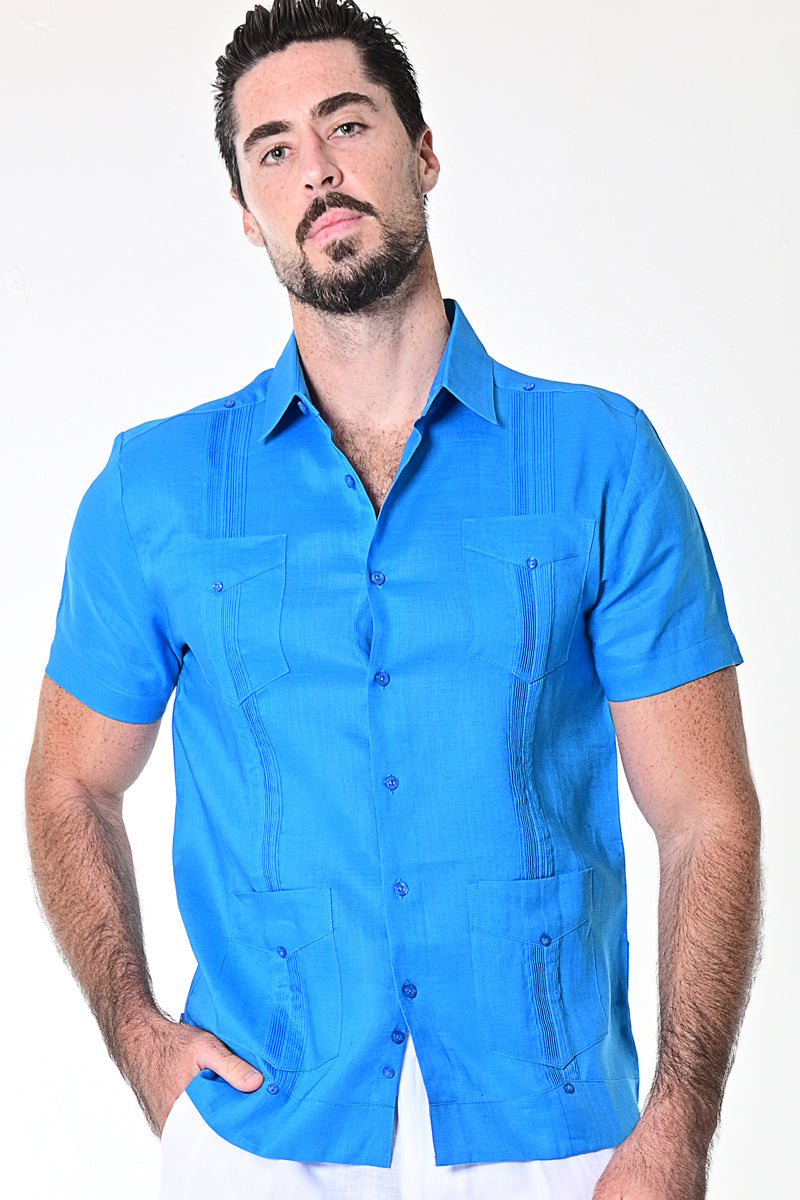 Men Short Sleeve Guayabera Linen 4 Pocket Traditional-NAVY-Color Options-LS499 - 6 PCS/PRE-PACK