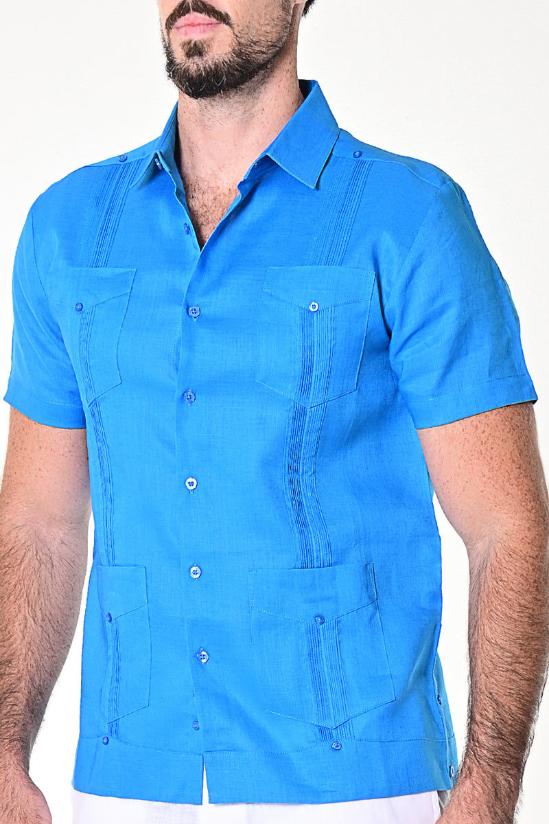 Men Short Sleeve Guayabera Linen 4 Pocket Traditional-NAVY-Color Options-LS499 - 6 PCS/PRE-PACK