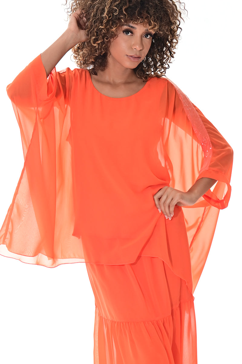 Ladies Sheer Top Loose Sequin Dolman Sleeve-ORANGE-Color Options-LSB401 - 6 PCS/PRE-PACK