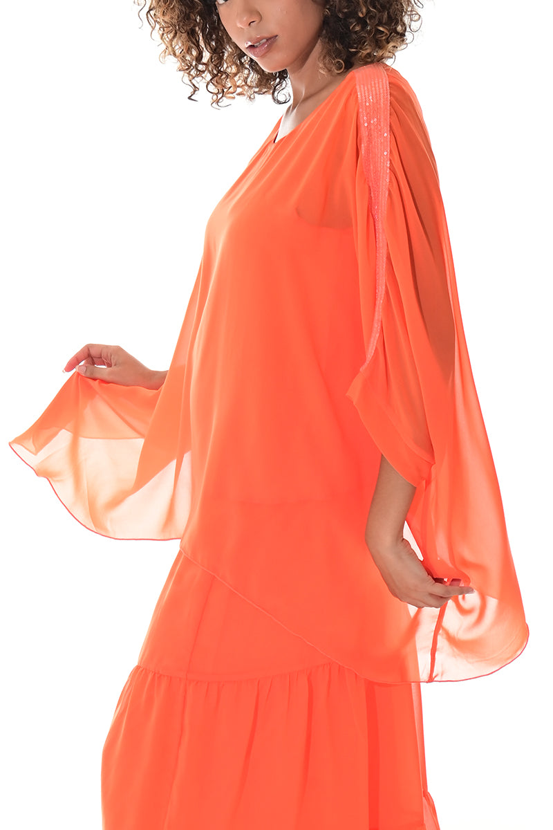Ladies Sheer Top Loose Sequin Dolman Sleeve-ORANGE-Color Options-LSB401 - 6 PCS/PRE-PACK