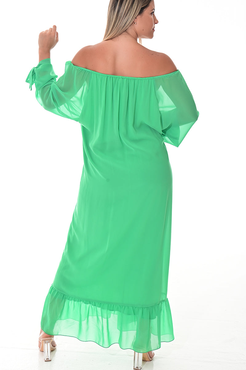 Ladies Off-the-Shoulder Silky Loose Maxi-GREEN-Color Options-LSD420 - 6 PCS/PRE-PACK