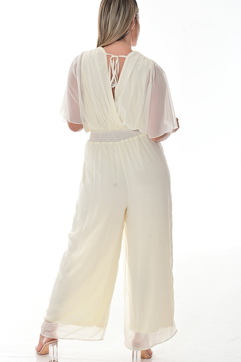 Ladies Jumpsuit Deep V-Neck Loose Dolman Sleeve-IVORY-Color Options-LSJ415 - 6 PCS/PRE-PACK