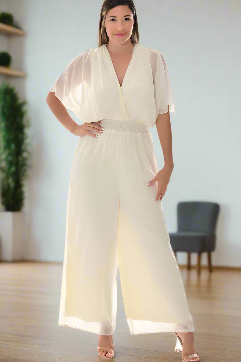 Ladies Jumpsuit Deep V-Neck Loose Dolman Sleeve-IVORY-Color Options-LSJ415 - 6 PCS/PRE-PACK