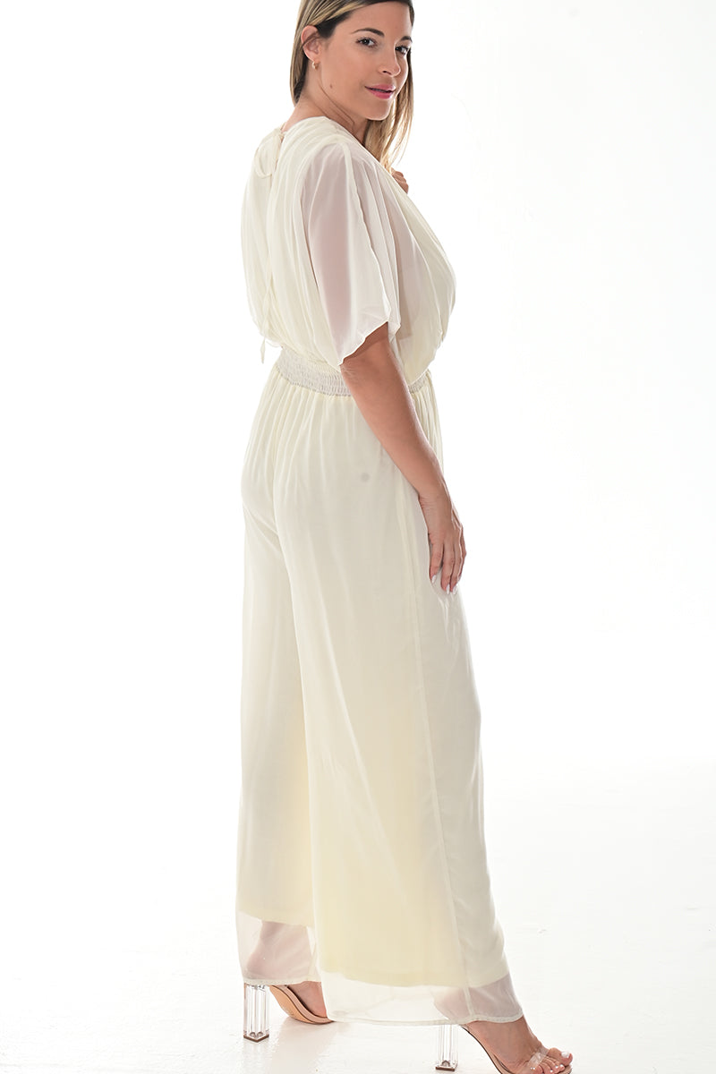 Ladies Jumpsuit Deep V-Neck Loose Dolman Sleeve-IVORY-Color Options-LSJ415 - 6 PCS/PRE-PACK