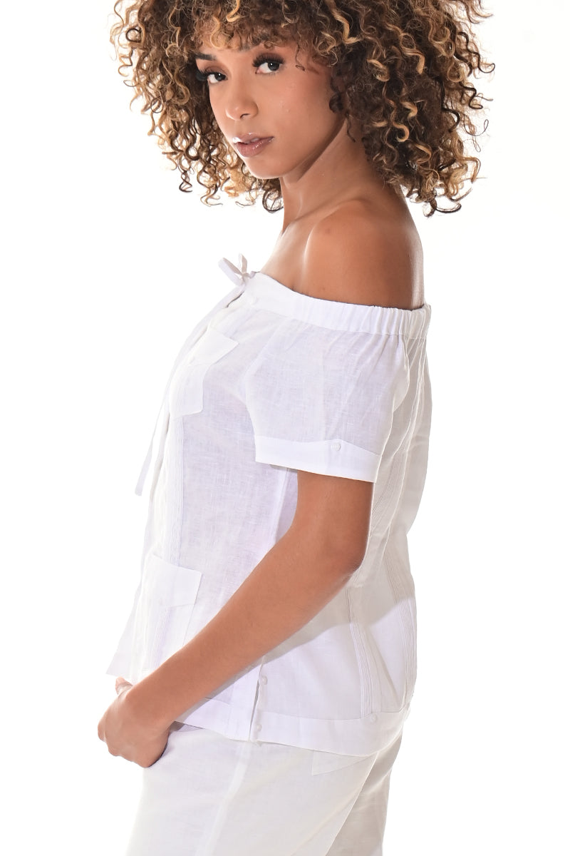 Ladies Linen Guayabera Off-the-Shoulder Short Sleeve Top LT. BLUE-Color Options - LLGB3007 - 6 PCS/PRE-PACK