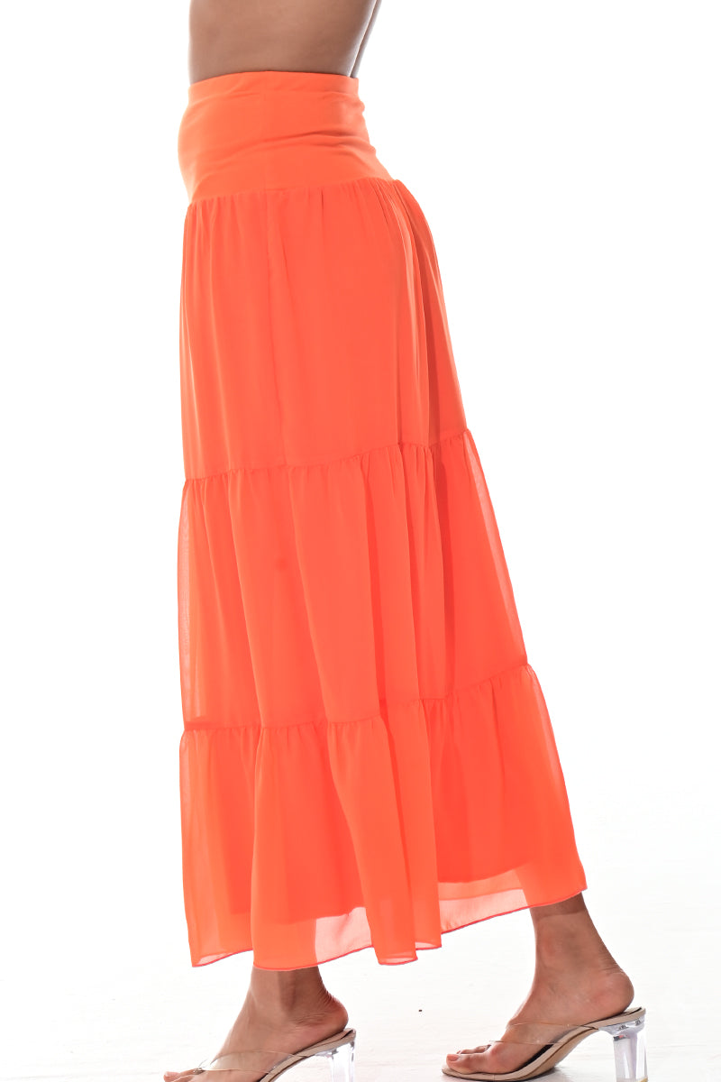 Ladies Boho A-Line Long Maxi Skirts Tiered Broom Style-ORANGE-COLOR OPTIONS-LSK413 - 6 PCS/PRE-PACK