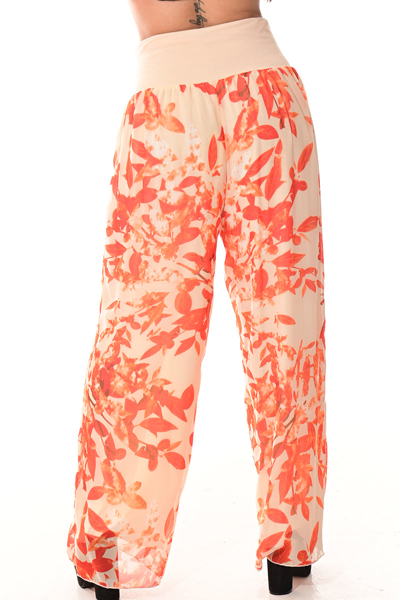 Ladies Boho Palazzo Pants Wide Leg High Waist-ORANGE FLORAL-Colors Options-LSP402 - 6 PCS/PRE-PACK