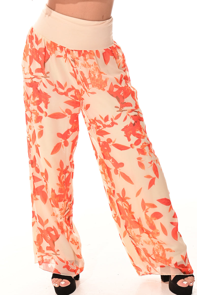 Ladies Boho Palazzo Pants Wide Leg High Waist-ORANGE FLORAL-Colors Options-LSP402 - 6 PCS/PRE-PACK