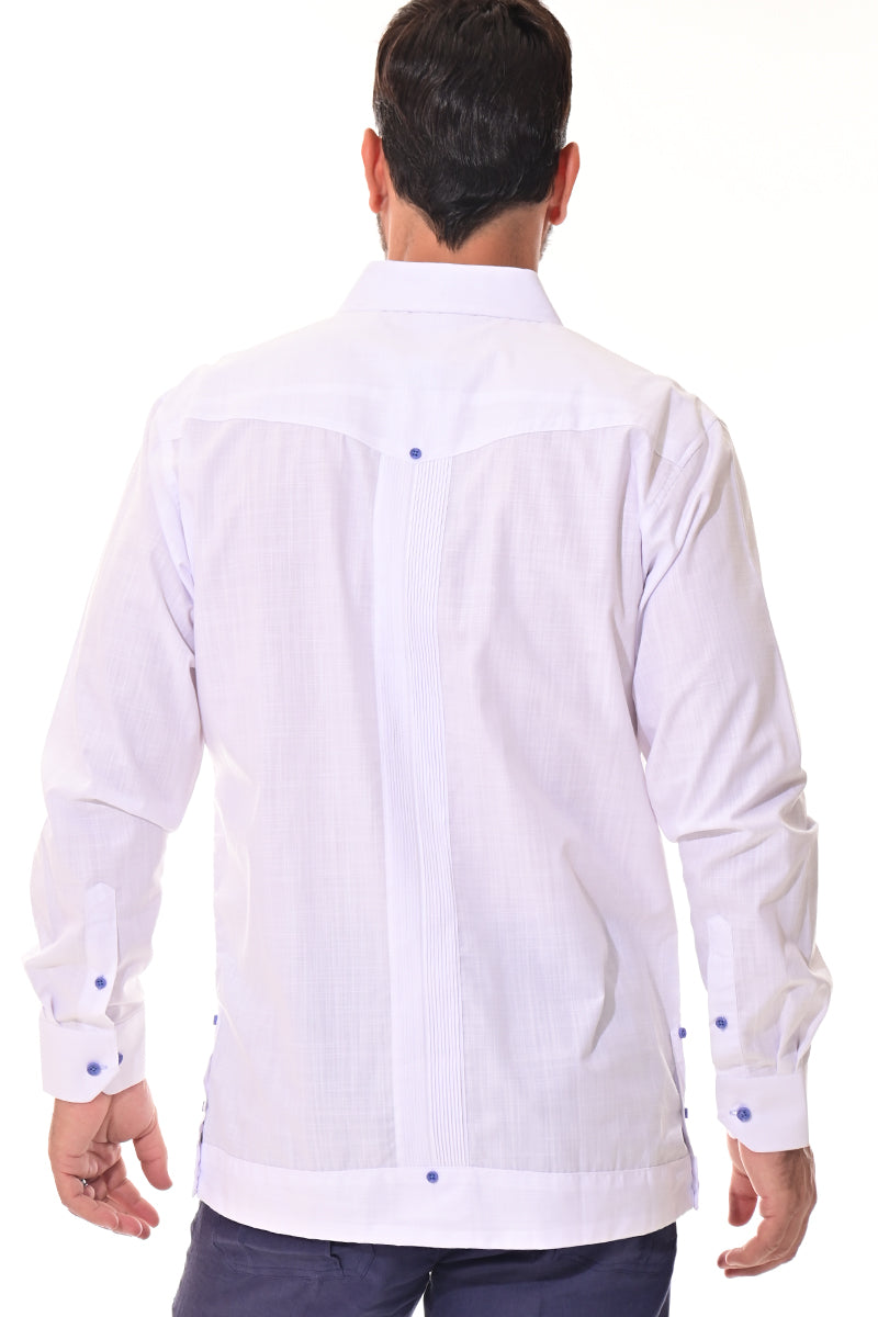 Men's Guayabera Shirt L/S Fancy Cotton Contrast Detail WHITE/BLUE - MCFG3320-P