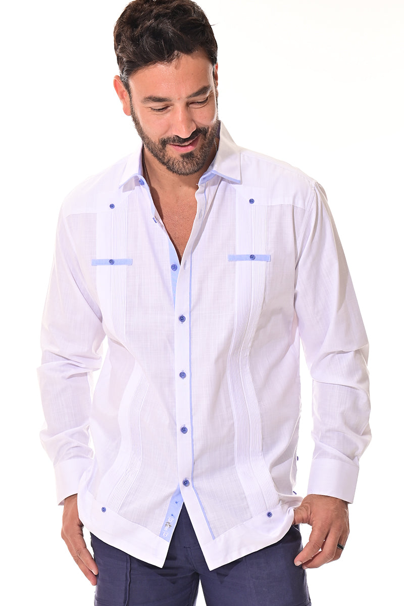 Men's Guayabera Shirt L/S Fancy Cotton Contrast Detail WHITE/BLUE - MCFG3320-P
