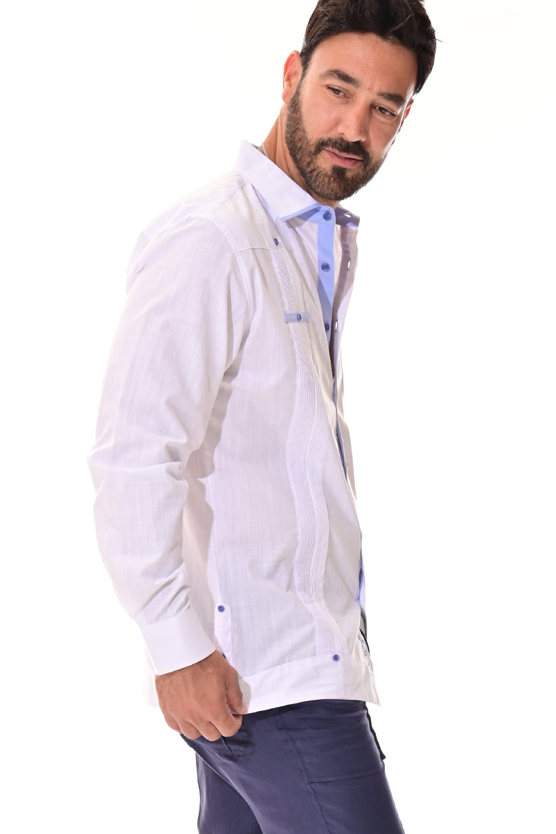 Men's Guayabera Shirt L/S Fancy Cotton Contrast Detail WHITE/BLUE - MCFG3320-P