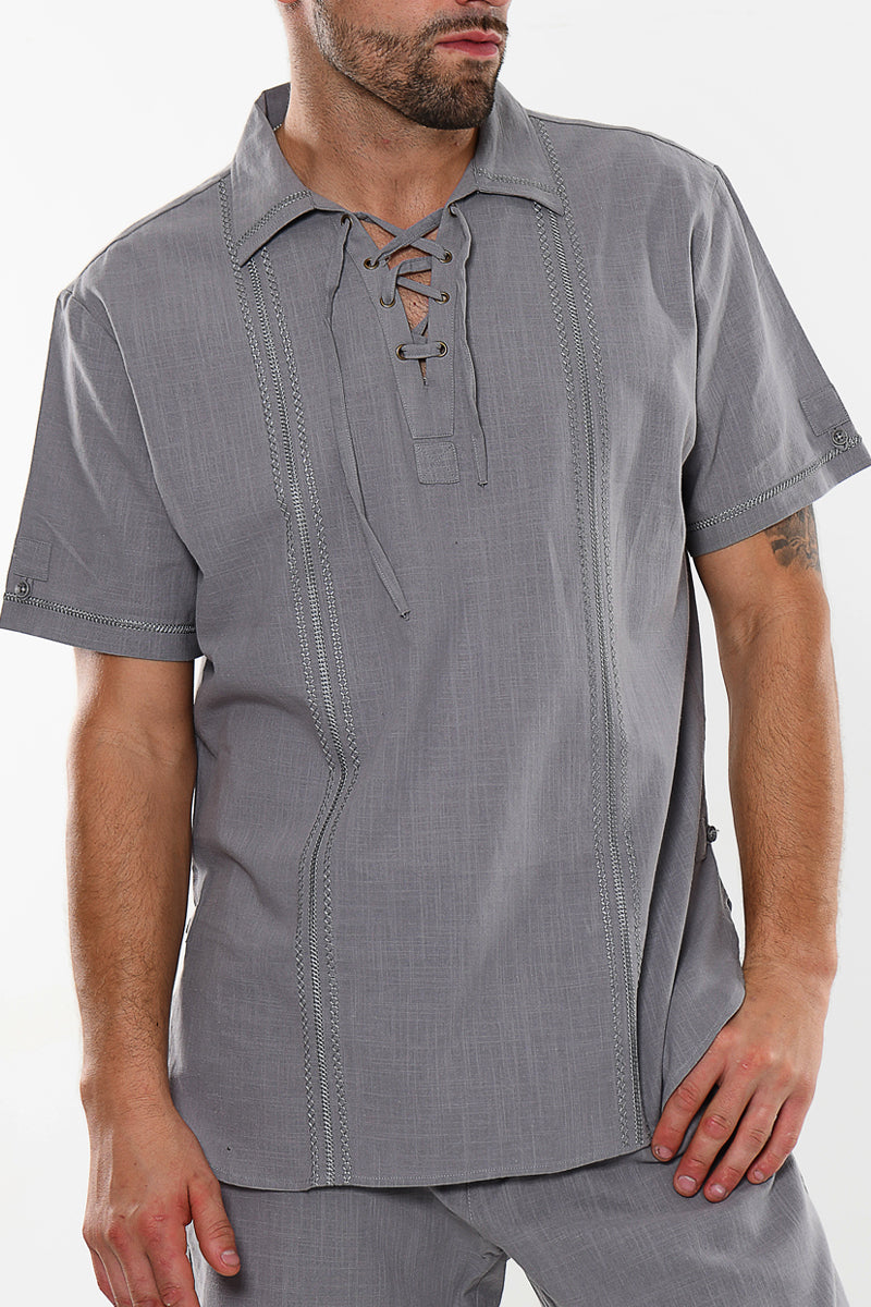 Mens Cotton Gauze Embroidered Drawstring Collar Shirt WHITE - MCS1078 - 6 PCS/PRE-PACK
