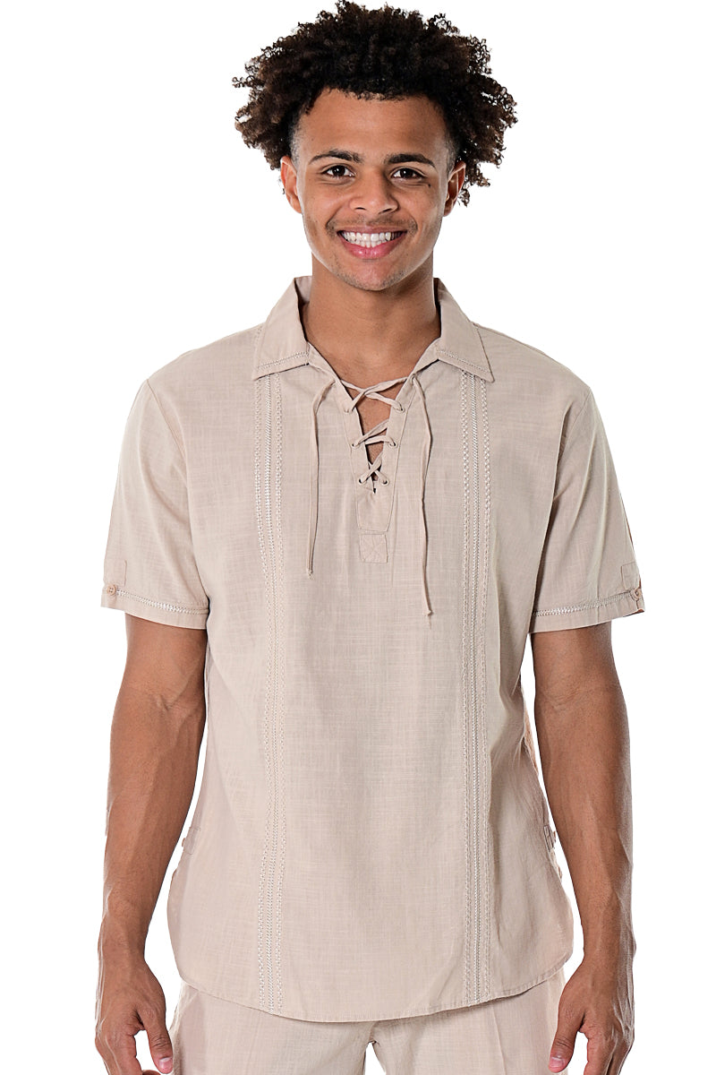 Mens Cotton Gauze Embroidered Drawstring Collar Shirt WHITE - MCS1078 - 6 PCS/PRE-PACK