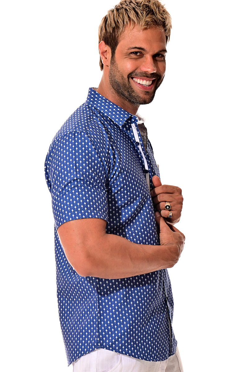 Men Microfiber Modern Print Short Sleeve Shirt w/Pocket by BOHIO Navy - MCS3193 - 6 PCS/PRE-PACK