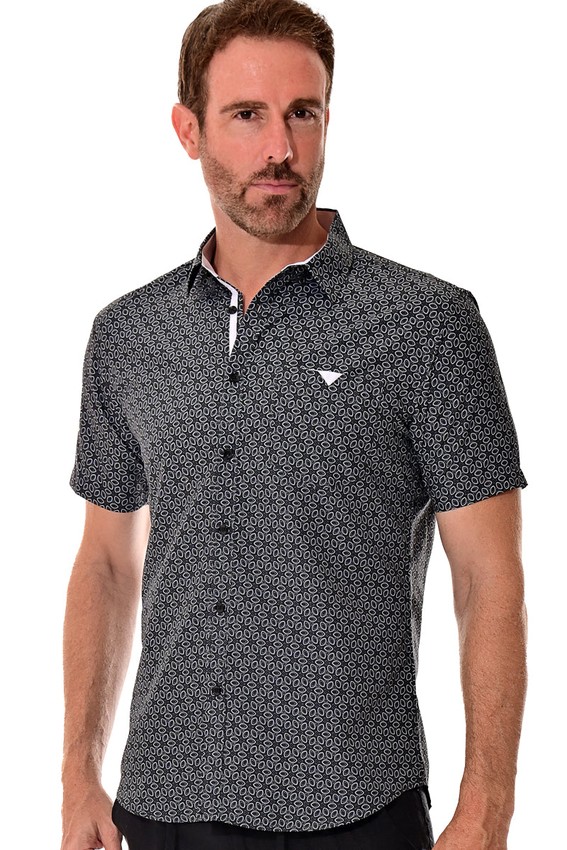 Men Microfiber Modern Print Short Sleeve Shirt BLACK by BOHIO - MCS3194 - 6 PCS/PRE-PACK