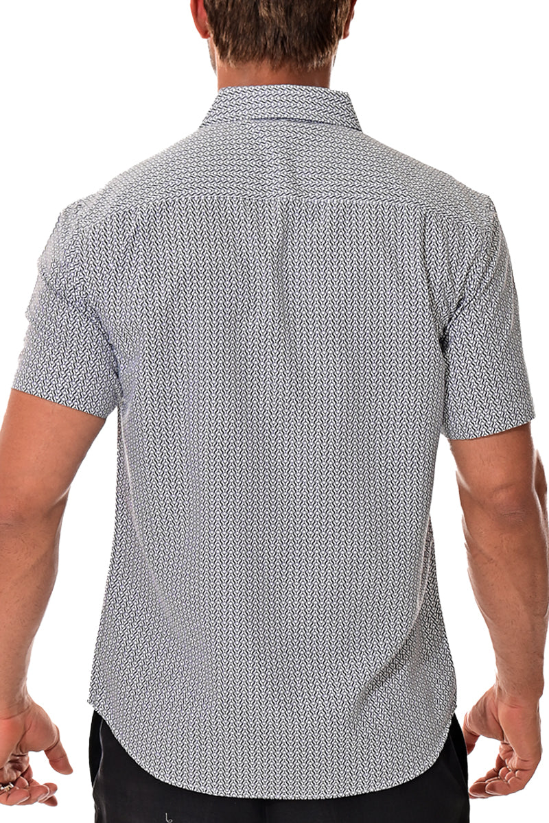 Men Microfiber Modern Print Short Sleeve Shirt White/Navy by BOHIO - MCS3196 - 6 PCS/PRE-PACK
