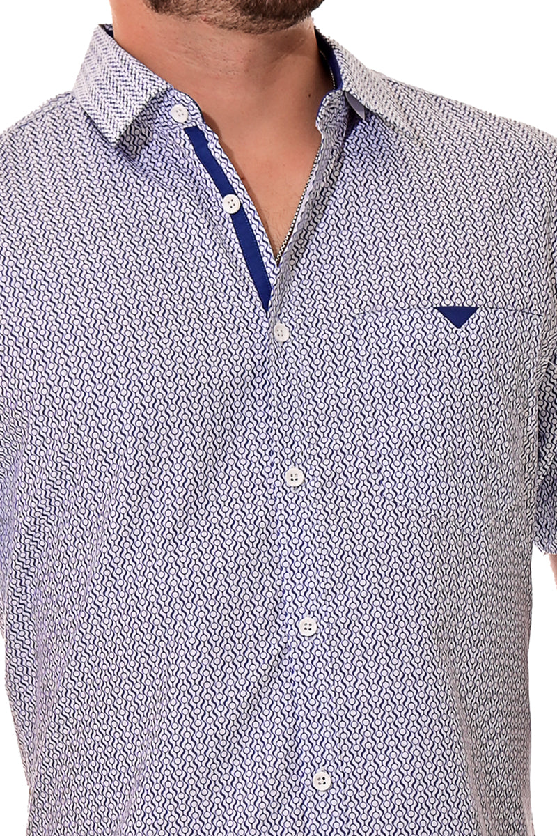 Men Microfiber Modern Print Short Sleeve Shirt WHITE/ROYAL by BOHIO - MCS3198 - 6 PCS/PRE-PACK