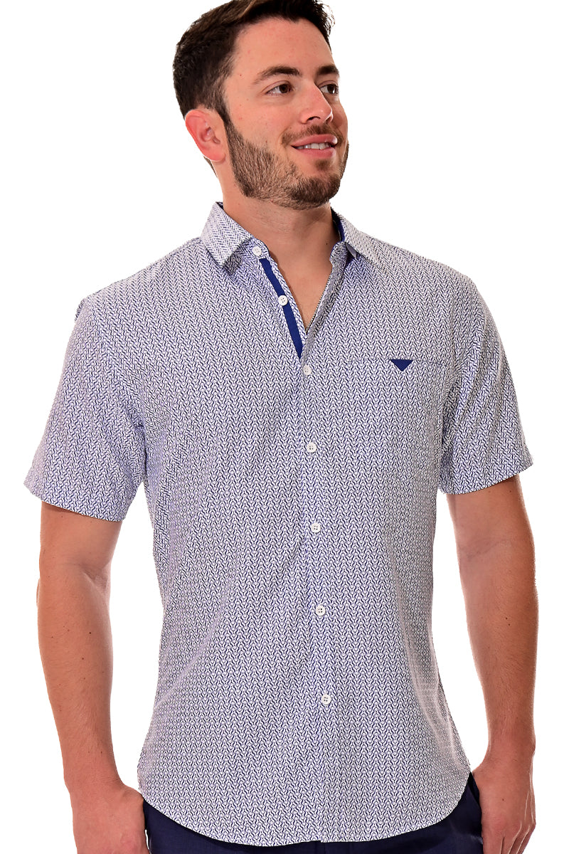 Men Microfiber Modern Print Short Sleeve Shirt WHITE/ROYAL by BOHIO - MCS3198 - 6 PCS/PRE-PACK