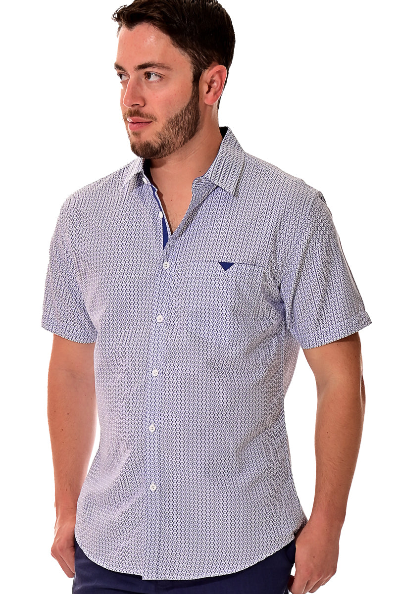 Men Microfiber Modern Print Short Sleeve Shirt WHITE/ROYAL by BOHIO - MCS3198 - 6 PCS/PRE-PACK