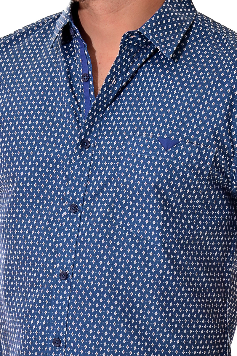 Men Microfiber Modern Print Short Sleeve Shirt Blue by BOHIO - MCS3199 - 6 PCS/PRE-PACK