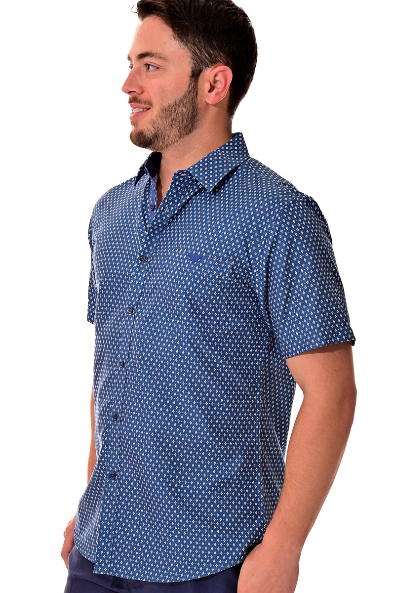 Men Microfiber Modern Print Short Sleeve Shirt Blue by BOHIO - MCS3199 - 6 PCS/PRE-PACK