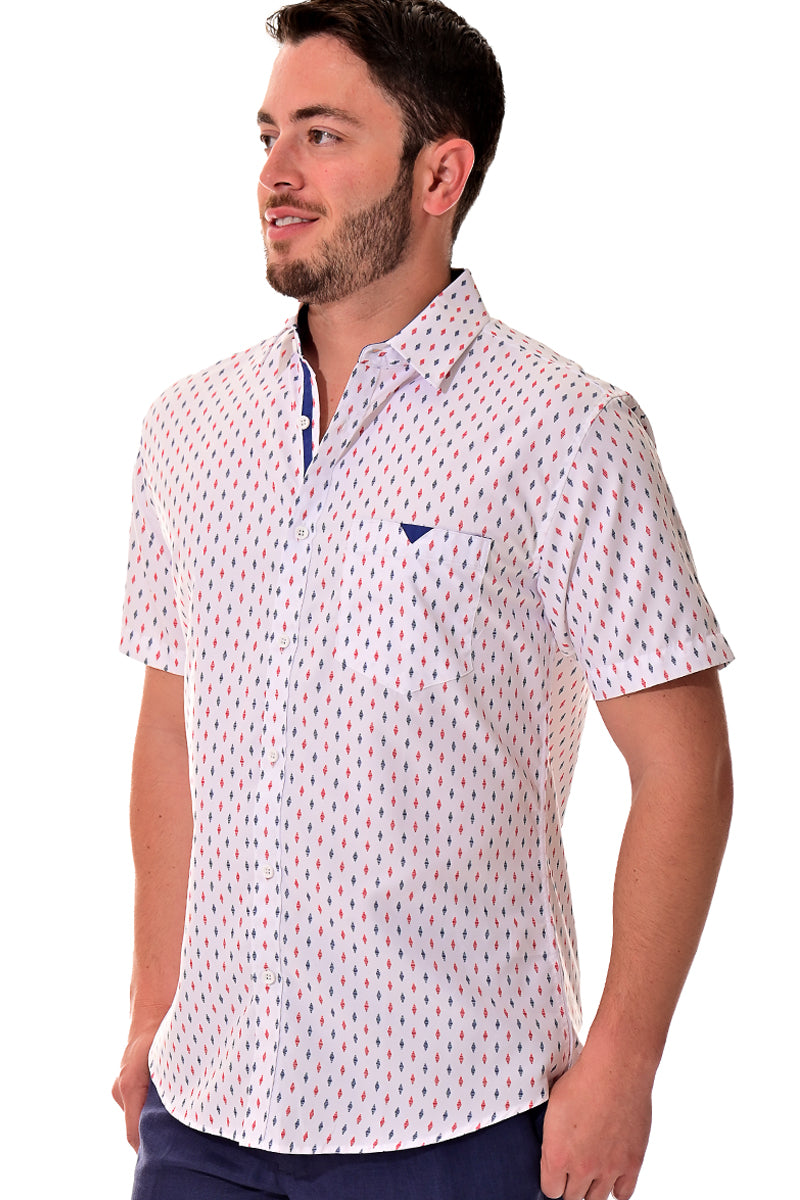 Men Microfiber Modern Print Short Sleeve Shirt White by BOHIO - MCS3202 - 6 PCS/PRE-PACK