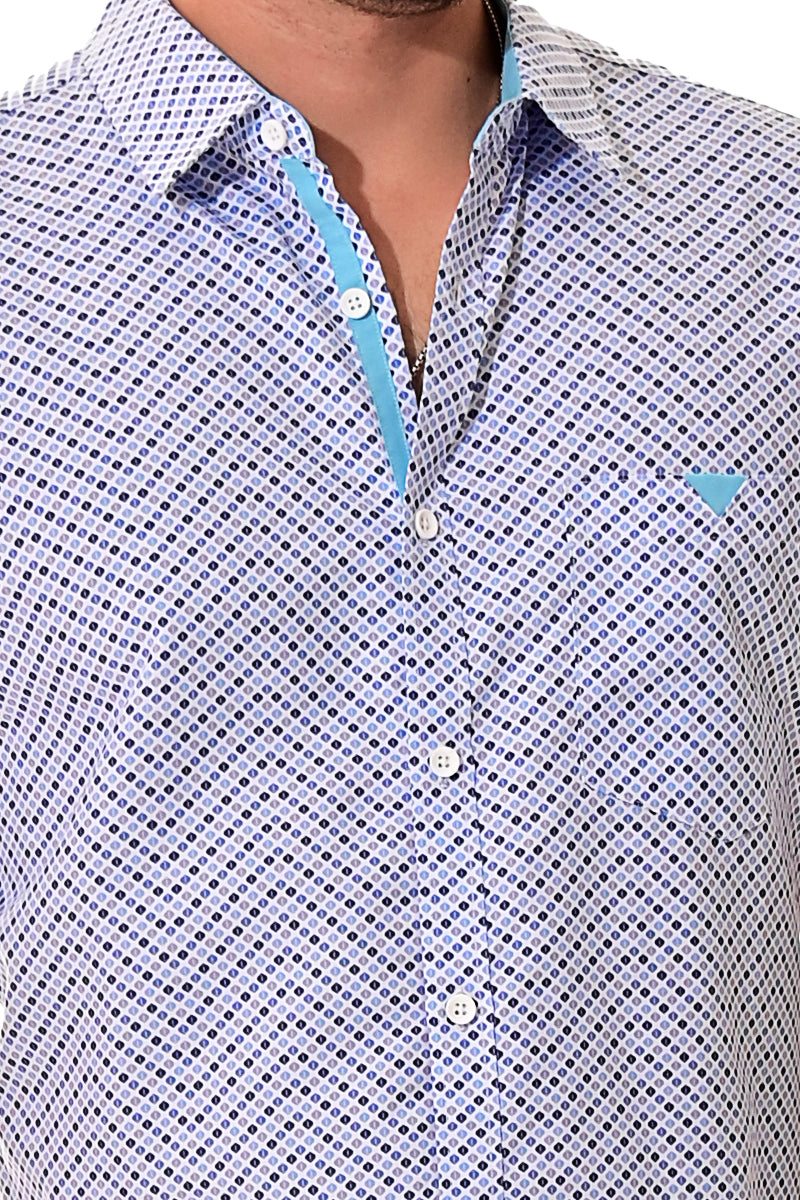 Men Microfiber Modern Print Short Sleeve Shirt White/Blue by BOHIO - MCS3203 - 6 PCS/PRE-PACK