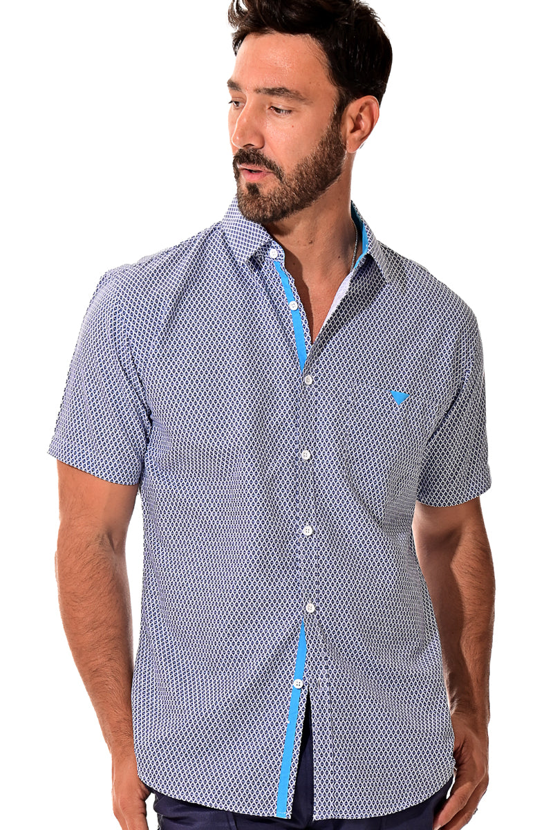 Men Microfiber Modern Print Short Sleeve Shirt Blue by BOHIO - MCS3205 - 6 PCS/PRE-PACK