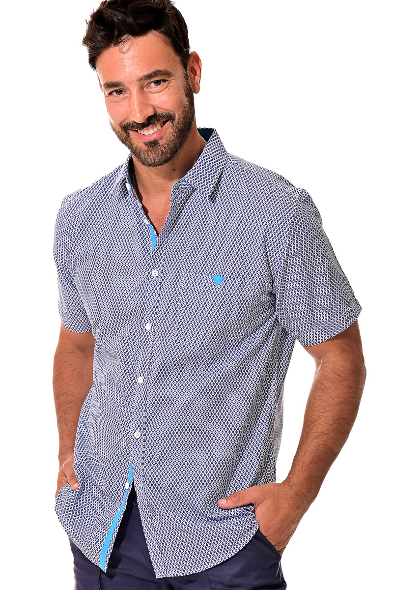 Men Microfiber Modern Print Short Sleeve Shirt Blue by BOHIO - MCS3205 - 6 PCS/PRE-PACK