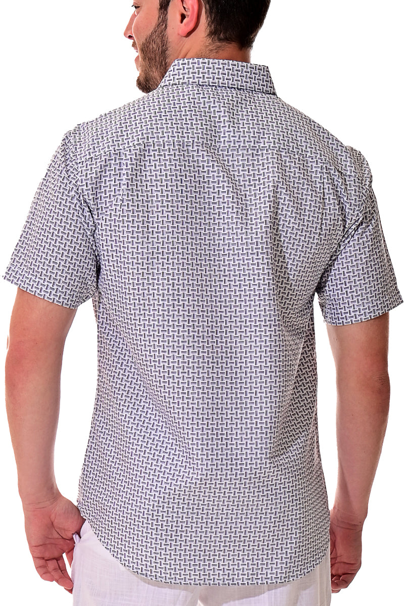 Men Microfiber Modern Print Short Sleeve Shirt - White/Black by BOHIO - MCS3208 - 6 PCS/PRE-PACK